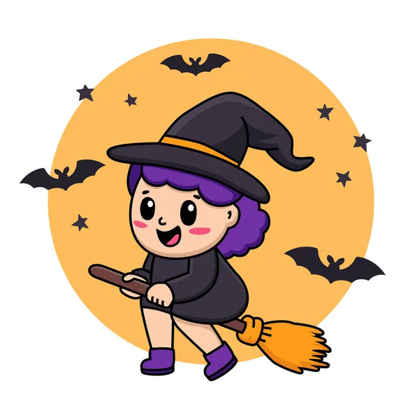Cute Witch Girl Hat Riding Broomstick Bats Stars Cartoon Character — Stock Vector
