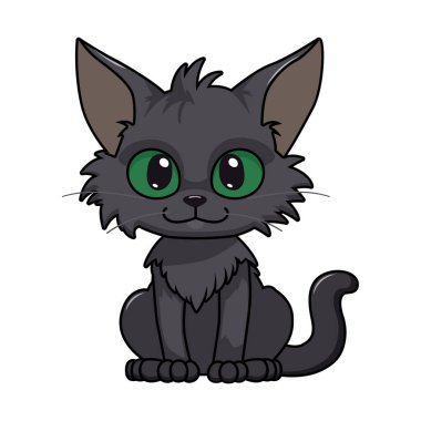 Yeşil gözlü, sevimli siyah kedi çizgi filmi. Komik evcil hayvan. İzole vektör illüstrasyonu