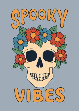 Çiçekli Kafatası ve Ürkütücü Titreşimler. Cadılar Bayramı tebrik kartı, davetiye, poster ve afiş şablonu. Vektör illüstrasyonu.