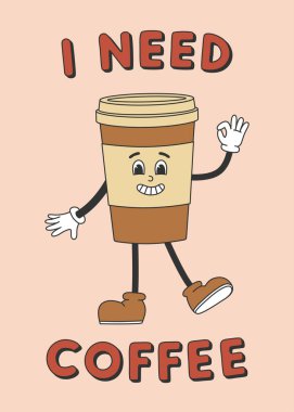 Moda tarzında şirin kahve fincanı karakteri olan poster şablonu. Moda modası geçmiş çizgi film karakteri ve 