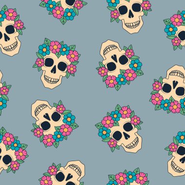 Çiçeksiz desenli bir kafatası. Ölü Kafatası Günü, Dia de los Muertos. Cadılar Bayramı unsurları mavi arka planda. Vektör illüstrasyonu
