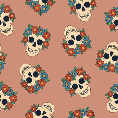 Çiçeksiz desenli bir kafatası. Ölü Kafatası Günü, Dia de los Muertos. Pembe arka planda Cadılar Bayramı öğeleri. Vektör illüstrasyonu