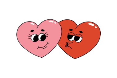 Havalı hippi tarzında iki karikatür kalbi. Sevgililer Günü tasarımı için modaya uygun geçmişe dönük sevimli karakterler. Aşk konsepti. İzole vektör illüstrasyonu