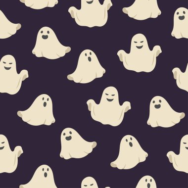 Şirin hayaletlerle kusursuz bir düzen. Cadılar Bayramı tasarımı için koyu mavi arka planda çizgi film karakterleri. Vektör illüstrasyonu