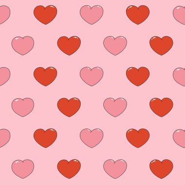 Kırmızı ve pembe kalplerin kusursuz deseni. Pembe arka planda modaya uygun geçmişe dönük çizgi film elemanları. Vektör illüstrasyonu