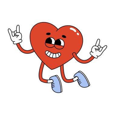 Havalı hippi karakteri zıplıyor. Sevgililer Günü tasarımı için modaya uygun retro tarzı çizgi film karakteri. Aşk konsepti. İzole vektör illüstrasyonu