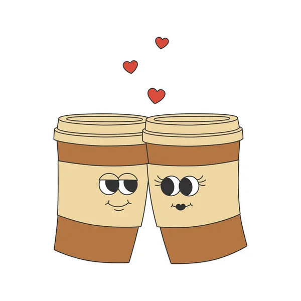 グルービースタイルの2つのコーヒーカップ トレンディなレトロスタイルの漫画のキャラクター 隔離ベクトルイラスト ストックイラスト