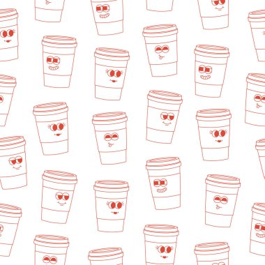 Kusursuz bir sanat kahve fincanı deseni. Beyaz arka planda modaya uygun geçmişe dönük çizgi film karakterleri. Vektör illüstrasyonu