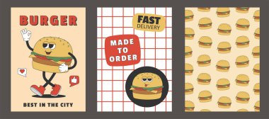 Havalı hippi burgerli modaya uygun posterler. Moda modası geçmiş çizgi film karakteri. Poster, afiş, broşür. Vektör illüstrasyonu
