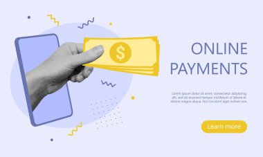 Çevrimiçi ödemelerin şablonu, elden geçiş para banknotlarıyla kesiliyor. Para ödemesi, döviz konsepti. Vektör illüstrasyonu