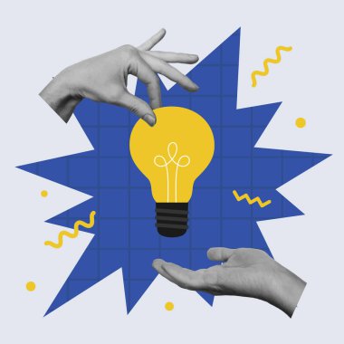 İki el birbirine lamba uzatır. Fikir ve deneyimleri paylaşmak, beyin fırtınası yapmak, yaratıcı takım konserleri. Vektör illüstrasyonu