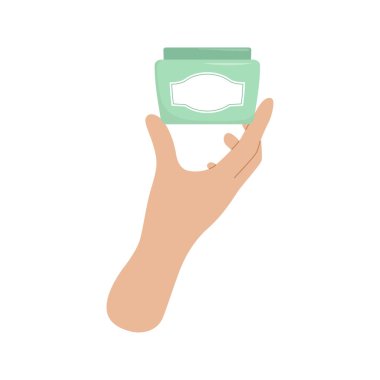 Çizgi filmdeki kadın elinde krema kavanozu ya da fırça tutuyordu. Cilt rutini. Günlük kozmetik. Doğal organik kozmetik ürünü. İzole vektör illüstrasyonu 