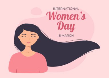 Uluslararası Kadınlar Günü. Saçları çıkan kız. Kart, poster, afiş, afiş için şablon. Vektör illüstrasyonu