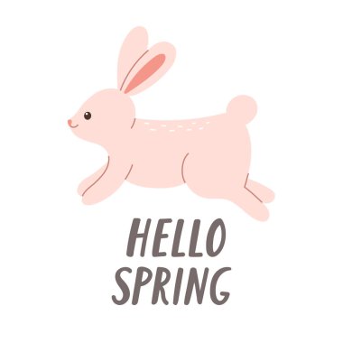 Merhaba pembe tavşanlı bahar tasarımı. Kartlar, posterler, kartpostallar ve çıkartmalar için tasarım öğesi. İzole vektör illüstrasyonu