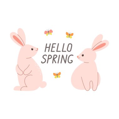 Merhaba bahar tasarımı. İki sevimli pembe tavşan ve kelebek. Kartlar, posterler, kartpostallar ve çıkartmalar için tasarım elementi. İzole vektör illüstrasyonu