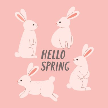 Merhaba pembe arka planda sevimli pembe tavşanları olan bahar tasarımı. Kartlar, posterler, kartpostallar ve çıkartmalar için şablon. Vektör illüstrasyonu