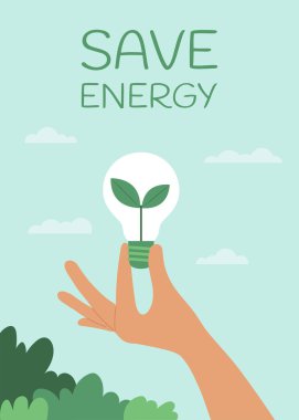 Earth Day poster template. Hand holding power saving lamp with leaves. Vector illustration clipart