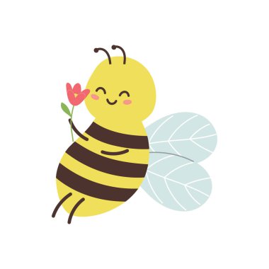 Çiçekli sevimli gülümseyen arı. Kartpostal, kart, çıkartma ve baskı için tasarım ögesi. İzole vektör illüstrasyonu 