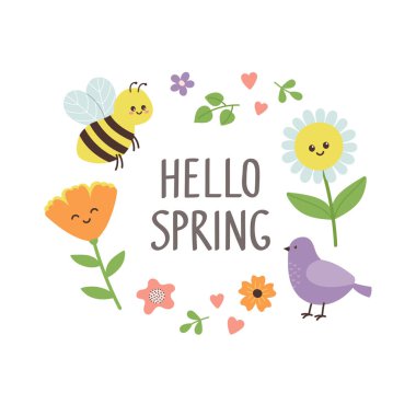 Merhaba bahar tasarımı. Tatlı arılar, yapraklar, çiçekler ve kuşlar. Kartlar, posterler, kartpostallar, baskılar ve çıkartmalar için şablon. İzole vektör illüstrasyonu