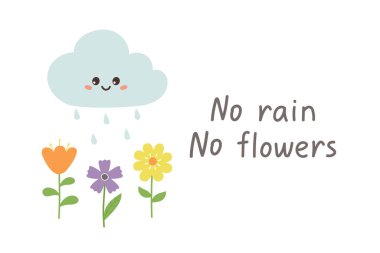 Hoş bulutlu ve çiçekli bahar tasarımı. Posta kartı, poster, çıkartma şablonu. İzole vektör illüstrasyonu 