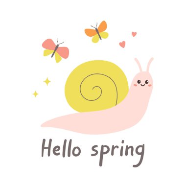 Hoş salyangoz ve kelebekli bahar tasarımı. Kartlar, posterler, kartpostallar, baskılar ve çıkartmalar için şablon. İzole vektör illüstrasyonu