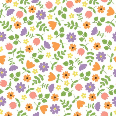 Beyaz arka planda çiçekleri olan kusursuz bir desen. Kart, poster, kartpostal, parmak izi, duvar kağıdı, kumaş şablonu. Vektör illüstrasyonu