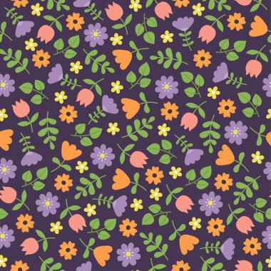 Koyu mor arka planda çiçekli pürüzsüz desen. Kart, poster, kartpostal, parmak izi, duvar kağıdı, kumaş şablonu. Vektör illüstrasyonu