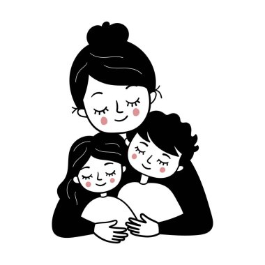 Anne oğlunu ve kızını kucaklıyor. Basit siyah-beyaz karalama çizimi. Tebrik kartı, baskı, poster ve çıkartma şablonu. Vektör illüstrasyonu