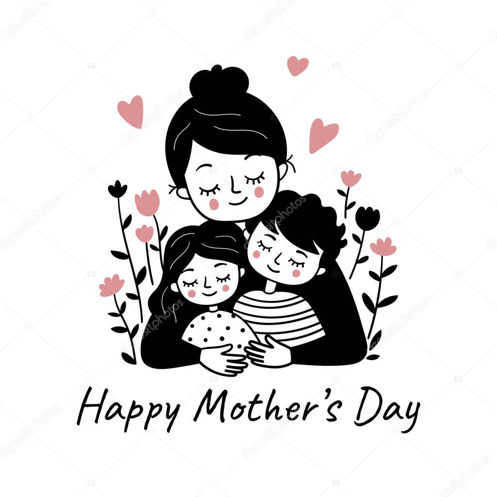 Mother hugs son and daughter. Mother's Day greeting card. Simple black and white doodle illustration. Template for greeting card, print, poster, sticker. Vector illustration
