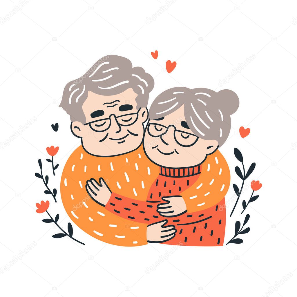 Elderly couple embracing each other. Simple colorful doodle illustration. Template for greeting card, print, poster, sticker