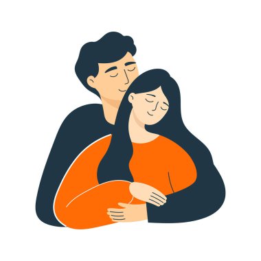 Erkek ve kadın birbirini kucaklıyor. Tebrik kartı, baskı, poster ve çıkartma şablonu. İzole vektör illüstrasyonu 