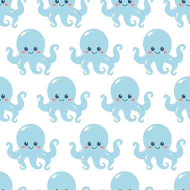 Beyaz arka planda kusursuz şirin ahtapot deseni. Deniz canlıları. Baskı şablonu, bebek partisi, duvar kağıdı, tebrik kartları ve davetiye. Vektör illüstrasyonu