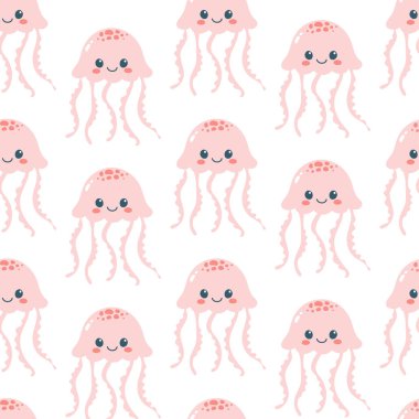 Beyaz arka planda kusursuz şirin denizanası deseni. Deniz canlıları. Bebek partisi için şablon, baskı, kumaş, tebrik kartları ve davetiye. Vektör illüstrasyonu