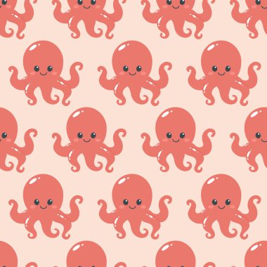 Pembe arka planda kusursuz şirin ahtapot deseni. Deniz canlıları. Baskı şablonu, bebek partisi, duvar kağıdı, tebrik kartları ve davetiye. Vektör illüstrasyonu