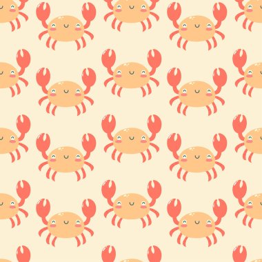 Açık pembe arka planda el çizimi sevimli yengeç desenli pürüzsüz desen. Deniz canlıları. Baskı, kumaş, tebrik kartı ve davetiye şablonu. Vektör illüstrasyonu