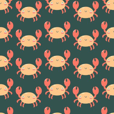 Koyu yeşil arka planda el çizimi şirin yengeç desenli kusursuz desen. Deniz canlıları. Baskı, kumaş, tebrik kartı ve davetiye şablonu. Vektör illüstrasyonu