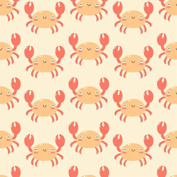 Açık pembe arka planda el çizimi sevimli yengeç desenli pürüzsüz desen. Deniz canlıları. Baskı, kumaş, tebrik kartı ve davetiye şablonu. Vektör illüstrasyonu