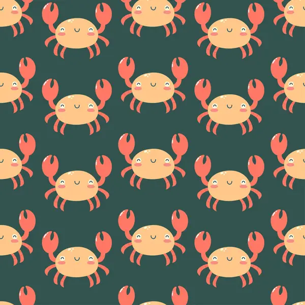 Koyu yeşil arka planda el çizimi şirin yengeç desenli kusursuz desen. Deniz canlıları. Baskı, kumaş, tebrik kartı ve davetiye şablonu. Vektör illüstrasyonu