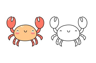 El çizimi şirin yengeç. Deniz canlıları. Sayfa şablonu boyanıyor. İzole vektör illüstrasyonu 