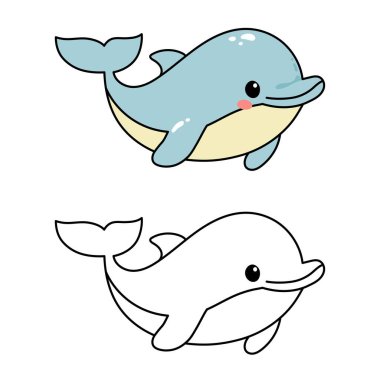 El çizimi şirin yunus. Deniz canlıları. Sayfa şablonu boyanıyor. İzole vektör illüstrasyonu 