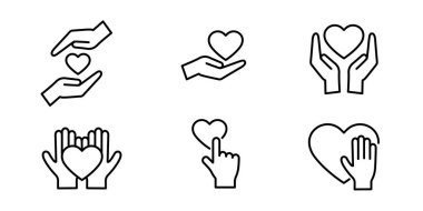 Elleri ve kalpleri olan bir dizi taslak simgesi. Düzenlenebilir felç. Bağış ve yardım konsepti. İzole vektör illüstrasyonu. 