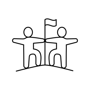 Dağın zirvesinde bayrak çizgisi ikonu olan iki kişi. Takım çalışması, ortaklık, başarı konsepti. Düzenlenebilir felç. İzole vektör illüstrasyonu