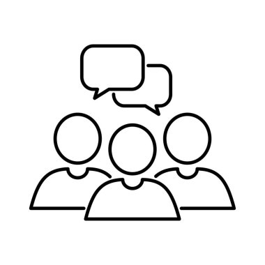 Bir grup insan ve konuşma balonu ana hatları simgesi. Takım çalışması, ortaklık başarısı konsepti. Düzenlenebilir felç. İzole vektör illüstrasyonu