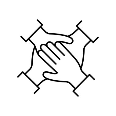 Eller üst üste dizilmiş, ana hatlar simgesi gibi. Takım çalışması, ortaklık başarısı konsepti. Düzenlenebilir felç. İzole vektör illüstrasyonu