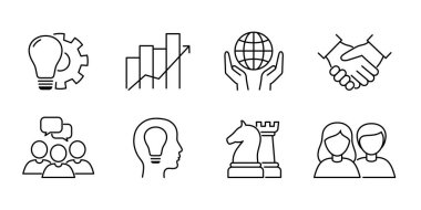 Çekirdek değerleri ana hatları simgeleri kümesi. Yenilik, strateji, vizyon kavramı. Düzenlenebilir felç. İzole vektör illüstrasyonu