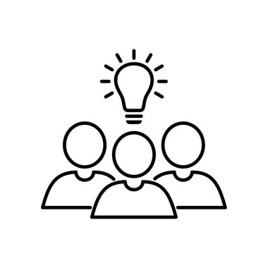 Bir grup insan ve ampul ana hatları simgesi. Takım çalışması, ortaklık başarısı konsepti. Düzenlenebilir felç. İzole vektör illüstrasyonu
