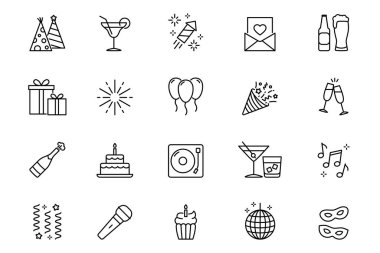  Parti, doğum günü ana hatları belirlendi. Düzenlenebilir felç. Konfeti, kokteyl, havai fişekler, müzik. İzole vektör illüstrasyonu 