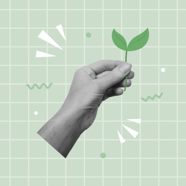 Çevre koruma ve sürdürülebilirlik kavramı. El ele tutuşan yeşil bitki. Vektör illüstrasyonu