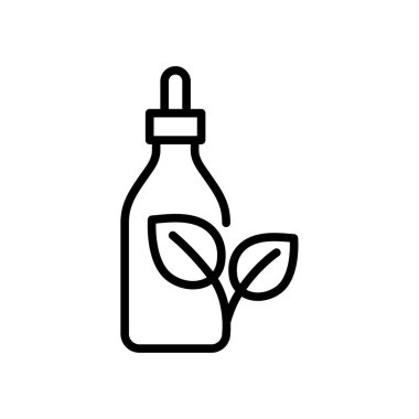 Essential oil bottle with leaves outline icon. Organic product symbol. Editable stroke. Isolated vector illustration 