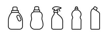Bir şişe temizlik sıvısı taslak simgeleri ayarlandı. Kimyasal ürünler için plastik kaplar. İzole vektör illüstrasyonu 